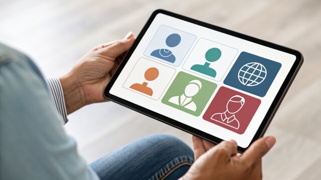 A person holding a tablet displaying various user profile icons and a globe symbol, representing digital communication or social networking. - Powered by Adobe