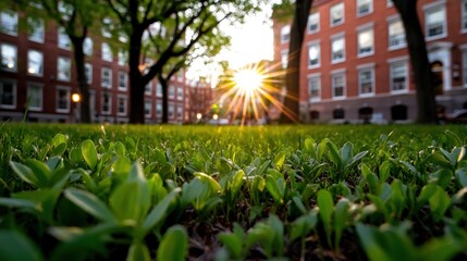 Sunlight filters through the trees and casts a warm glow on the grassy area in front of the buildings.