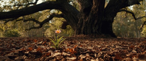 Obraz premium Miniature flower plant growing under a tree on dry leaves