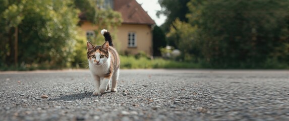 A charming tiny multicolored kitty walking through soft sunlight on a gray gravel yard in front of the house