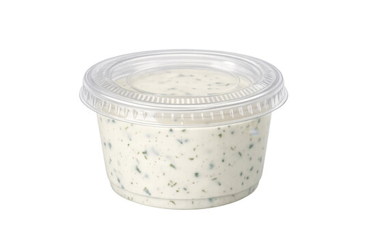 Ranch dressing in clear plastic sauce cup with lid, preparing for takeaway or dipping, transparent background