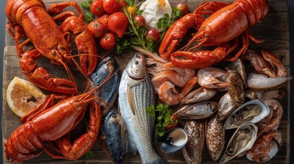 Seafood spread with lobsters, shrimp, fish, and shells on a wooden board with herbs and fruits in a bright kitchen setting