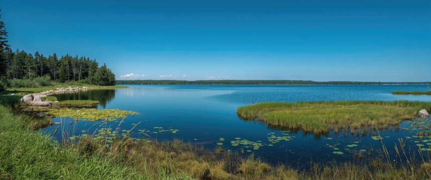 Scenic overlook of Goblin Lake at Beausoleil Island featuring Georgian Bay water, grass, park, blue sky, trees, Canada, lake, island, rocks, marsh