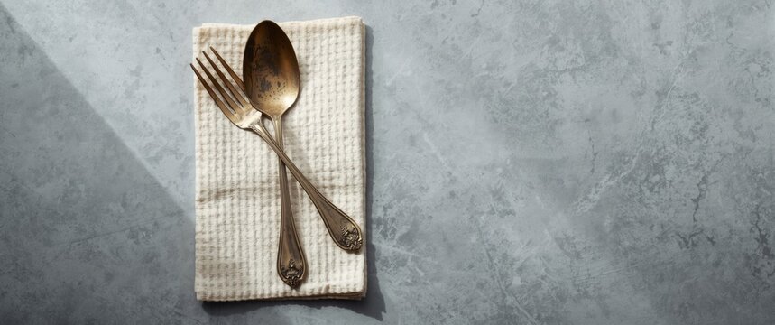 Old scratched metal Cutlery set featuring a large spoon and fork on a vintage cotton waffle napkin