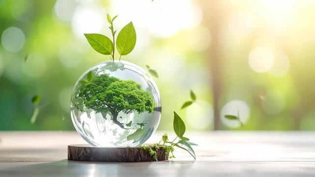 Crystal ball containing a vibrant green tree, symbolizing environmental conservation and sustainable growth.