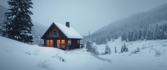 In a snow-covered valley, the Snowdrift Cabin offers a warm and peaceful winter getaway amidst pristine white landscapes.