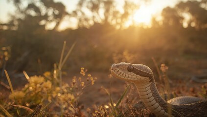 Fototapeta premium Detailed view of a Mulga Snake with focus on its patterned skin and alert stance, highlighting reptile safety and handling precautions