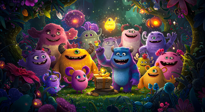 A whimsical gathering of diverse, friendly monsters in a vibrant, enchanted forest setting, celebrating with gifts and glowing lights