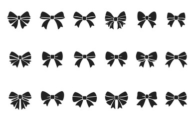 Collection of eighteen black ribbon bow silhouettes in different styles and knot shapes. Elegant decorative gift toppers isolated on white for wedding, holiday, branding.