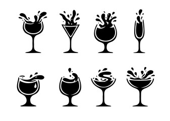 Set of eight black cocktail glass silhouettes with dynamic liquid splashes and droplets. Party bar drink icons isolated on white for nightlife, menu, celebration design.