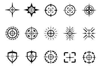 Set of black crosshair and target reticle symbols in different styles, including scope circles and HUD marks, isolated on white. Concept of aim, focus, gaming and security.