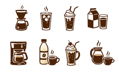 Hand drawn coffee and milk drinks set with pour over, espresso machine, cappuccino, frappe and iced coffee icons in brown vintage style, isolated on white background.