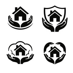 Home protection and insurance icons showing a house held in caring hands, shield and safety shapes. Black silhouette set isolated on white for real estate and security.