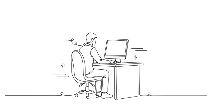 Caucasian male adult working at computer desk in minimalist line art style, no editable stroke