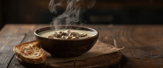Delicious mushroom and mushroom cream soup served on table with attractive backdrop