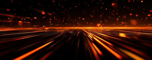 Fototapeta premium A perspective view of illuminated linear light streaks, with floating specks against a dark backdrop