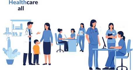 Modern healthcare for all concept with medical team of doctors and nurses providing professional patient care in hospital clinic, 2D vector flat illustration for web and landing page.
