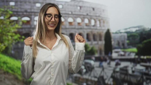Woman wearing glasses and white shirt smiling with fists raised near the roman coliseum building; joy travel discovery.