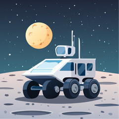 Rover lunaire futuriste sur surface crat&eacute;ris&eacute;e avec ciel &eacute;toil&eacute;