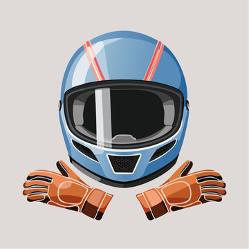 Casque de moto bleu avec une paire de gants crois&eacute;s en cuir marron, illustration stylis&eacute;e d&rsquo;&eacute;quipement de s&eacute;curit&eacute; du motard