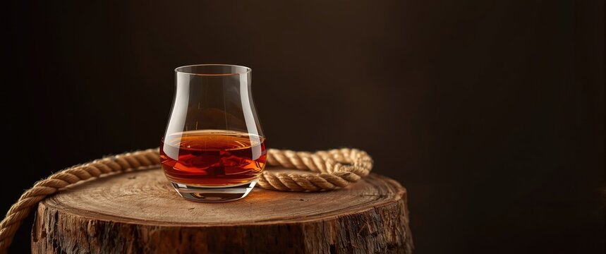 Old stump with a brandy snifter and rope. Glass containing whiskey, cognac, or brandy on a dark background