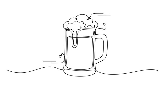 Continuous line art of beer mug with foam and bubbles. No editable strokes