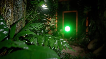 A green light illuminates a jungle path, casting a soft glow on the surrounding foliage.