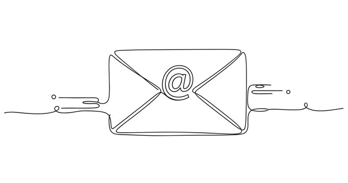 Minimalist continuous line art of email envelope with at symbol. No editable strokes