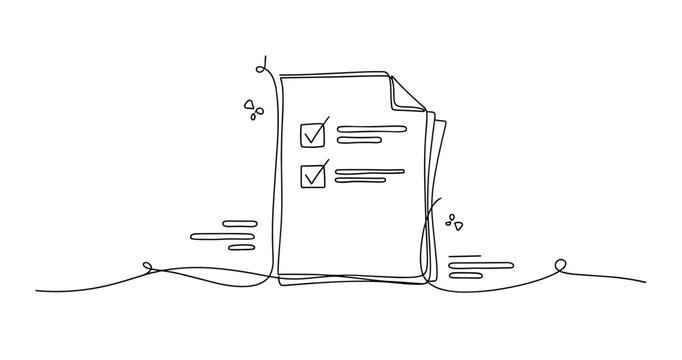 Minimalist continuous line drawing of checklist with checkmarks and decorative elements. No editable strokes