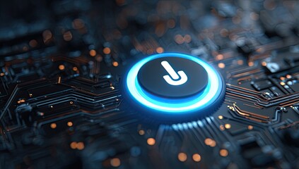 Close-up of a glowing power button on a circuit board, emphasizing technology and electricity