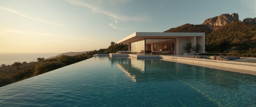 Visual of an upscale contemporary mansion featuring a pool