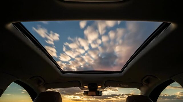 Sunlight streams through the open sunroof of a car, creating a bright and airy atmosphere.