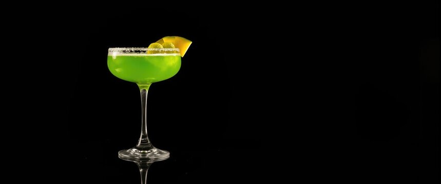 Vivid green margarita garnished with salt on the rim and melon balls, set on a black backdrop