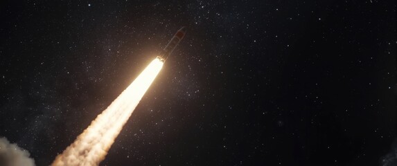 A spacecraft launches towards a distant planet with rocket soaring into the star-filled sky, marking the start of outer space mission.