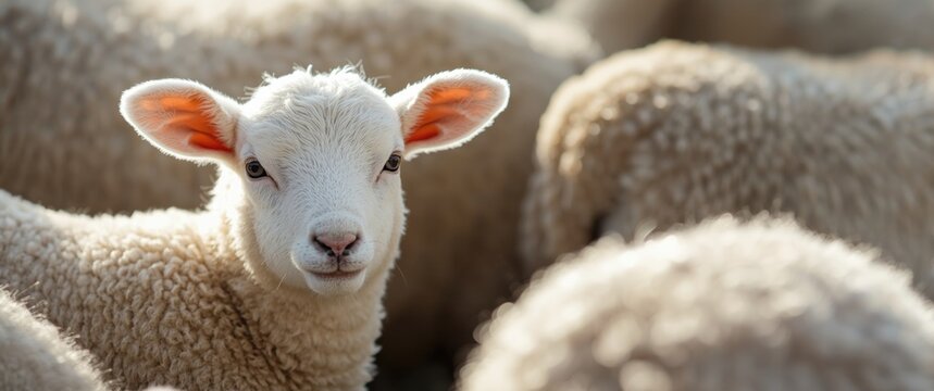 Cute Easter lamb Photo (Ovis gmelini aries): Infant sheep with fluffy ears in a springtime setting from Sauerland, Germany