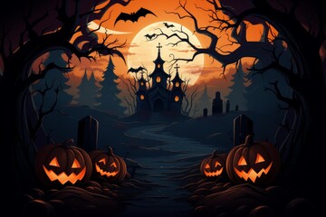 Fototapeta premium Halloween scene featuring glowing jack o' lanterns, haunted church, graveyard, trees, bats, and a full moon