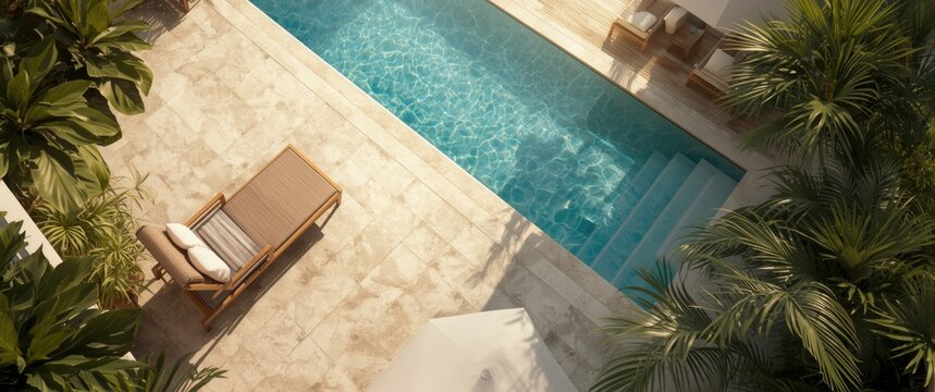 Poolside lounge chair on terrace, overlooking swimming pool and lounge zone, tropical vacation setting