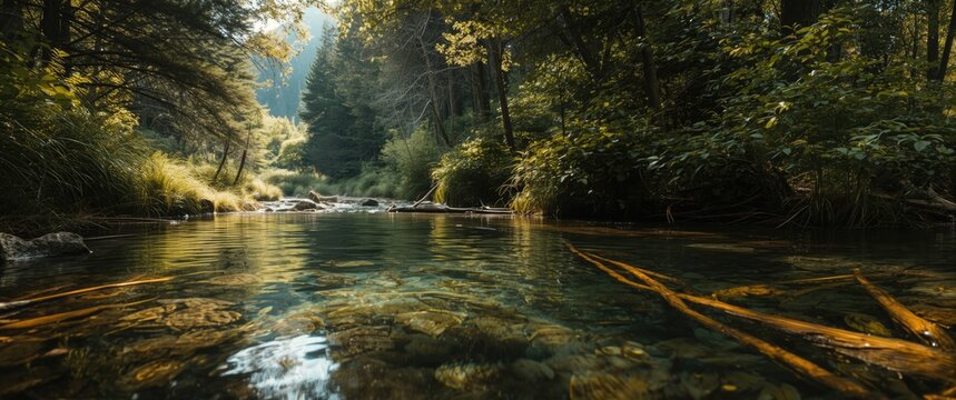 Forest scene with mountain stream in the landscape