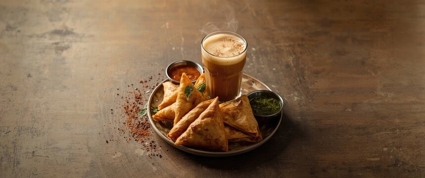 Indian homemade snack featuring spicy samosa with green and tamarind chutney, complemented by cutting masala tea and chai