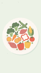 Vibrant Illustrated Display of Fresh Vegetables Arranged on a Circular Plate for Nutritional