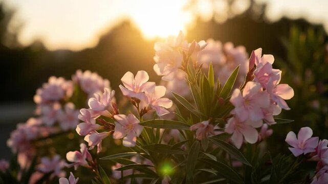 Soft pink oleander flowers bloom against a warm, golden sunset background.
