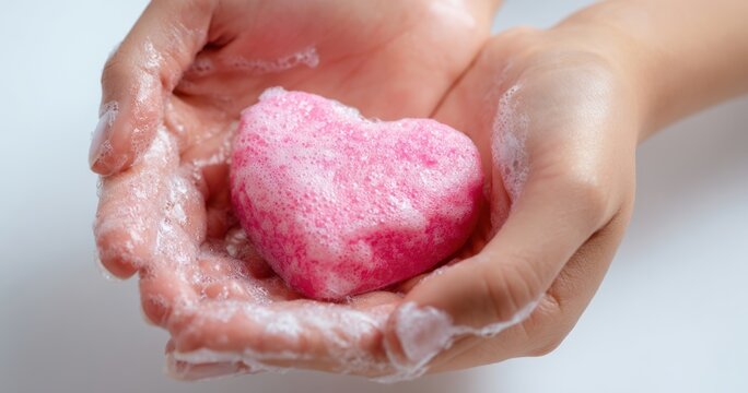 The heart-shaped soap cradled in soapy hands with gentle lather - Powered by Adobe