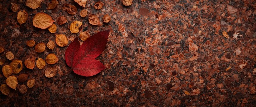 Fall Leaf Pattern Featuring Red Liquidambar and Brownish Yellow Rounded Leaves on Red Granite Background