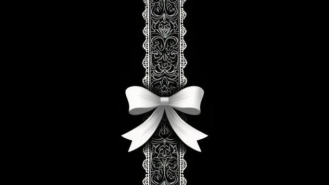 White satin bow tied around ornate black lace ribbon with floral motifs, placed vertically on plain black background, symbolizing elegance