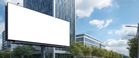 Blank outdoor billboard design with ample white copy space for various company logos and names, set against a modern office building backdrop