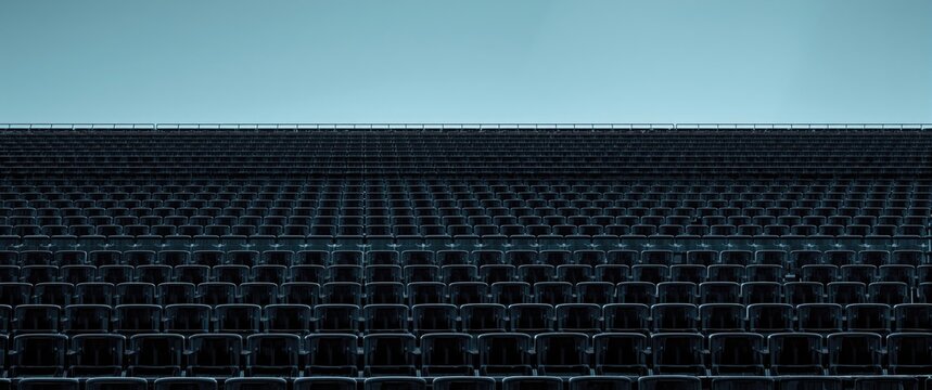 Black new seats in a soccer stadium, empty and arranged in rows for sporting and musical events