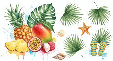 Fototapeta premium Set of watercolor illustrations of tropical fruits, palm leaves, and beach vibes in vibrant colors.