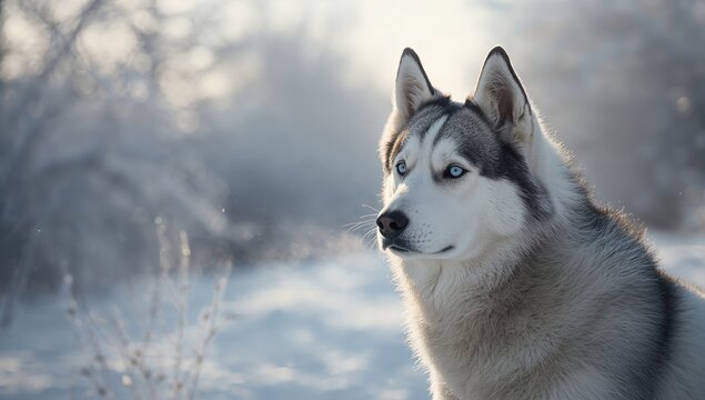 Winter scene with a Siberian husky in snowy terrain, emphasizing cold climate endurance