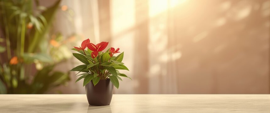 anthurium plant with tiny red petals in a pot
