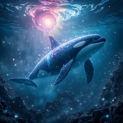 Fototapeta premium Celestial Orca Swimming Beneath a Cosmic Ocean Portal
